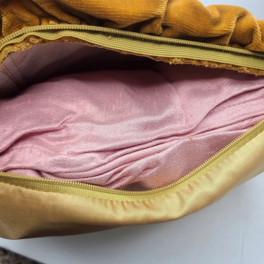 Vtg 70s Smocked Velvet Throw Pillows Pair Mustard Gold Smocking Floral Brocade 2